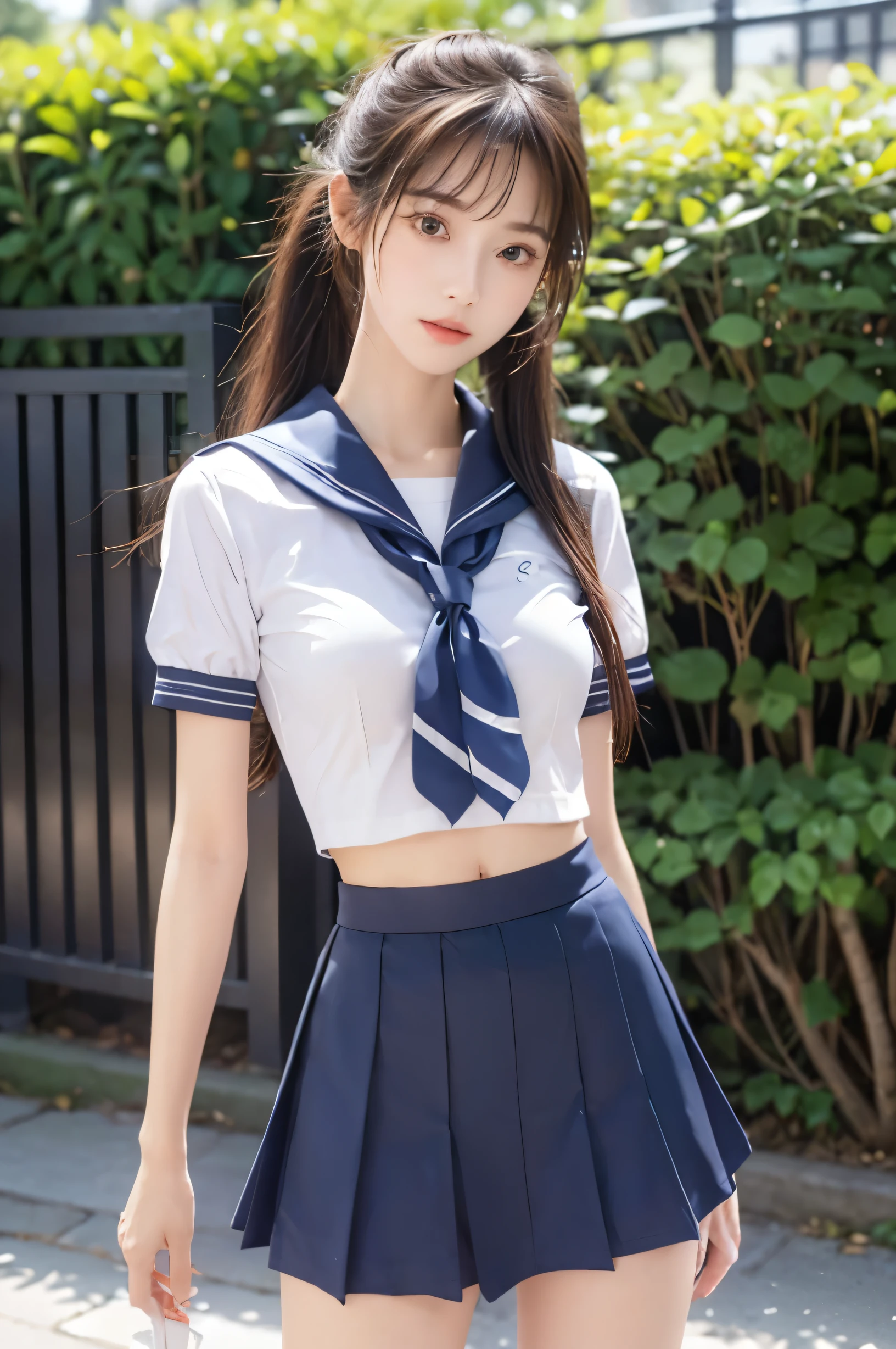 (Ultra HD), (looking at the camera), (Short-sleeved sailor uniform, Navy blue mini skirt), Big Breasts, slender, Narrow waist, (I can see my belly button:0.8), whole body, Standing posture, (Beautiful Skin, Shiny skin, White skin), (Super slim face, Super beautiful face, No makeup), (ponytail, Layered Cut, Fluffy hair), (double eyelid, Slanted Eyes), Small Nose, Thin lips, (Thin legs:1.2), (Thin thighs:1.2), (Thin Hips:1.4), In front of the school gate