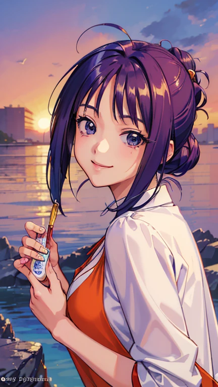 ((masterpiece, Highest quality, Highest quality, Official Art, beautifully、beautiful:1.2)),((masterpiece)),((Vibrant colors)),((Ayako Katagiri)),((幸せそうなsmile)),((smile)),((looks fun)),(one piece),(((Side bust))),(sunset)