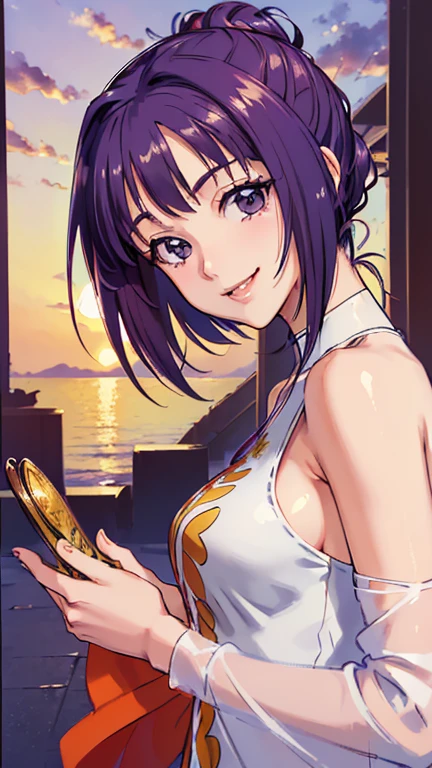 ((masterpiece, Highest quality, Highest quality, Official Art, beautifully、beautiful:1.2)),((masterpiece)),((Vibrant colors)),((Ayako Katagiri)),((幸せそうなsmile)),((smile)),((looks fun)),(one piece),(((Side bust))),(sunset)