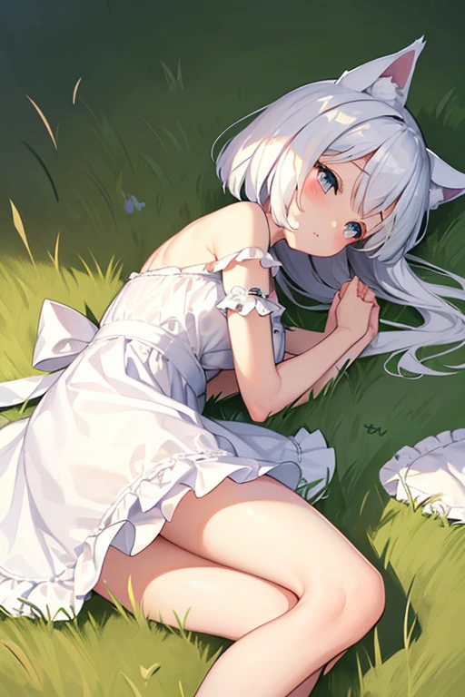 One Girl cute Petite breasts are slightly larger The legs are very thin Wolf ears White shorthair ta dress (((The background is inside the grass.))) Lying on your back Place your hands behind your head. Embarrassed face