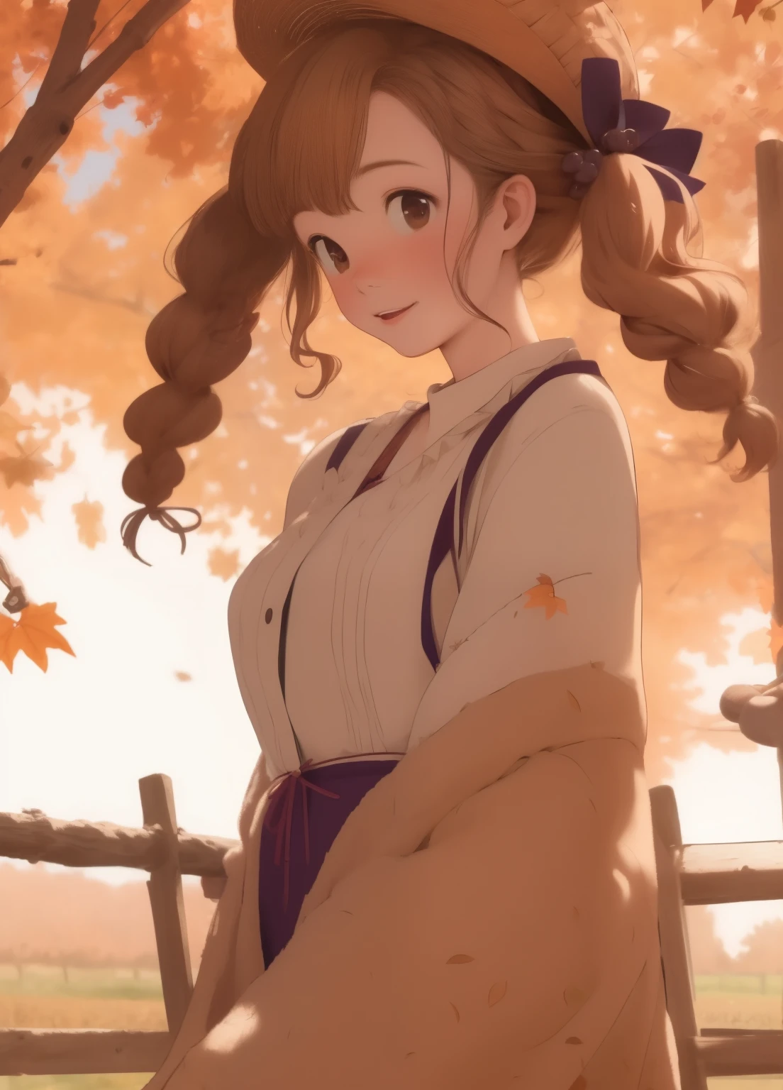 (masterpiece、Highest quality、Highest quality、Official Art、Beautiful and beautiful:1.2)、(One person:1.3)Hatsune Miku、Twin tails,Beautiful breasts, Katsushika Hokusai,**November - Palatinate Thanksgiving**
November calendar page, Lagermania is、Standing among the vineyards of the Palatinate. she、Wearing a traditional gold and brown dress, Linen aprons and bonnets、Reflecting the simplicity of harvest time. Her blonde hair is、Organized in a woven crown of autumn leaves. Her expression is happy and curious., With a warm smile. The background features grape vines and a rustic barn., With harvest decorations. The woven texture and hand-sewn details of the costume、Evoke the Thanksgiving spirit. Lagermania's attitude is humble, In one hand he holds a basket of grapes、The other one is on the fence. This scene、It captures the beauty of thanksgiving and harvest in the Palatinate..