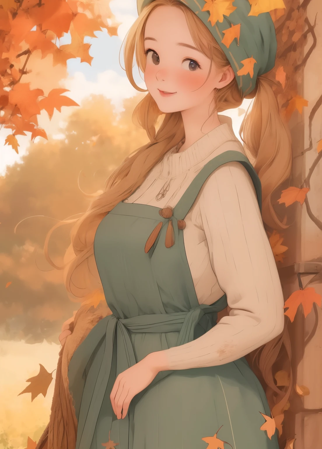 (masterpiece、Highest quality、Highest quality、Official Art、Beautiful and beautiful:1.2)、(One person:1.3)Hatsune Miku、Twin tails,Beautiful breasts, Katsushika Hokusai,**November - Palatinate Thanksgiving**
November calendar page, Lagermania is、Standing among the vineyards of the Palatinate. she、Wearing a traditional gold and brown dress, Linen aprons and bonnets、Reflecting the simplicity of harvest time. Her blonde hair is、Organized in a woven crown of autumn leaves. Her expression is happy and curious., With a warm smile. The background features grape vines and a rustic barn., With harvest decorations. The woven texture and hand-sewn details of the costume、Evoke the Thanksgiving spirit. Lagermania's attitude is humble, In one hand he holds a basket of grapes、The other one is on the fence. This scene、It captures the beauty of thanksgiving and harvest in the Palatinate..