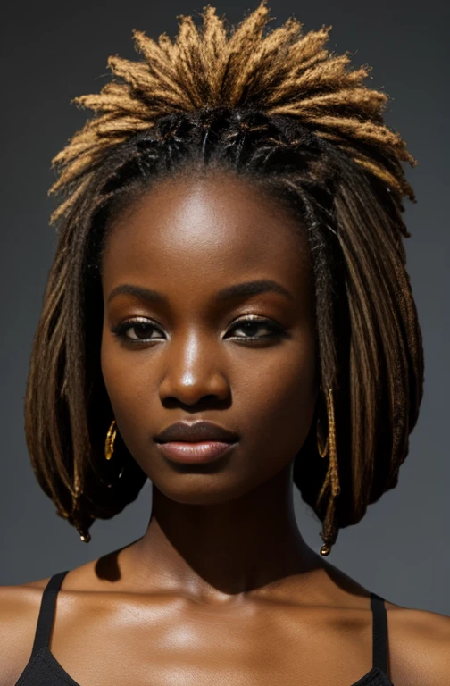 an african model ,unique hair details, Y2K Virtual Fashion, Near future, Curve details , double eyelid, simple background，Short dreadlocks，