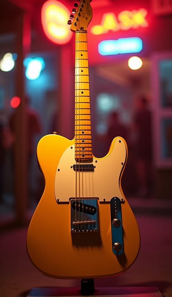 Make a phone wallpaper of a yellow Fender Telecaster, Neon Light、(masterpiece:1.3) (最high quality:1.2) (high quality:1.1)、Cinematic Light,(Film Gain:1.4)|(VHS Video:1.2)(old analog film photography:1.4) Vintage Film (1.8), Analog camera (1.5), Film Grain (1.4), Light leakage (1.2), Soft Focus (1.3), Warm tones (0.2), Retro aesthetic (1.7), Lomography (1.3), Nostalgic atmosphere (1.8), Polaroid style (1.5), Faded colors (1.9), Dreamy look (1.3), Overexposure (1.1), Vignette Effect (1.8), Blurred Edges (1.4),