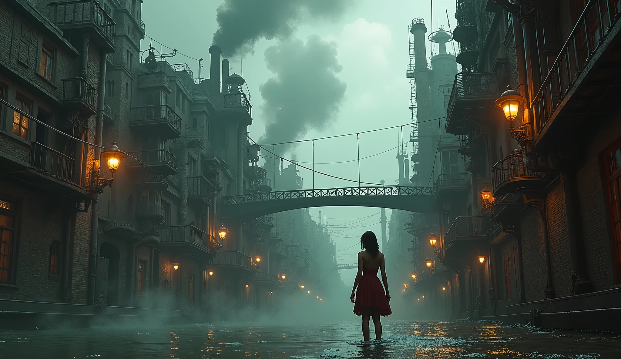 (((steampunk))), young woman standing on a city street, steampunk city,(((crowded buildings))),exposed gears and pipes,(((dim light))),submerged ground,((gears)),((thick pipes)),covered bridge,The perspective is from the bottom up, reflecting the height of the building,dark weather,smoking chimneys,(((mechanical devices))),((staggered wires)),crowded city,irregular buildings