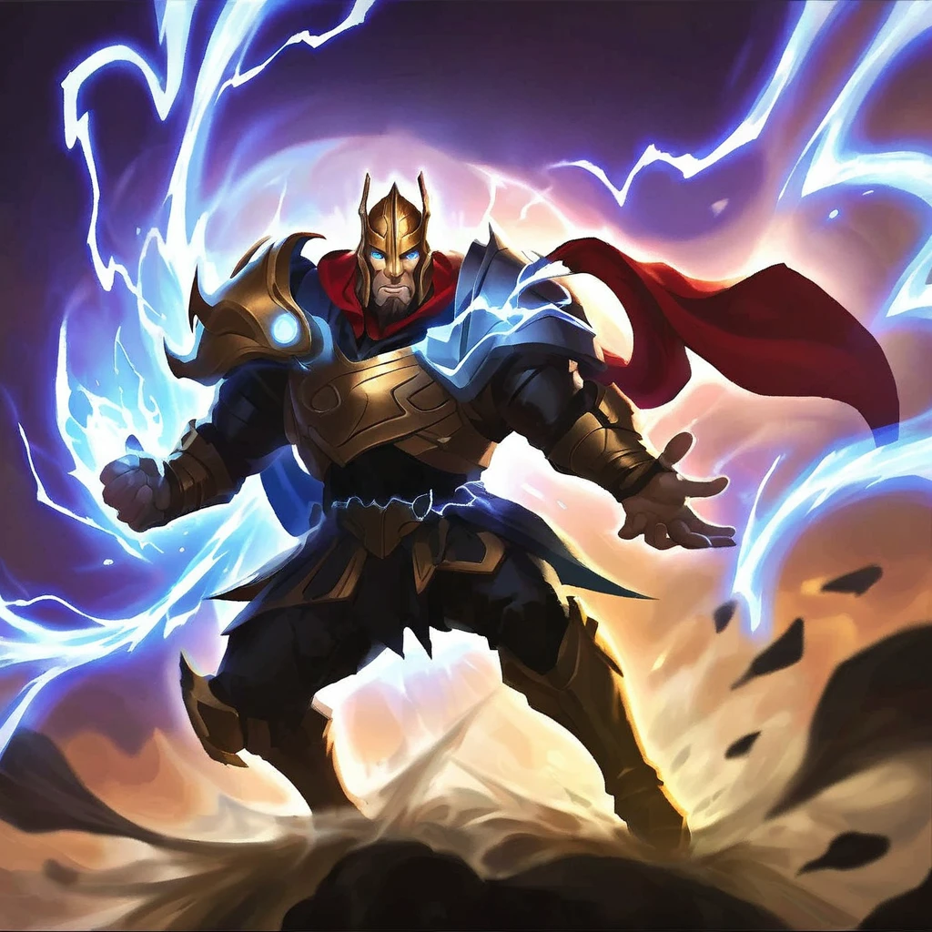 I want an icon of a guy in black armor emerging from the thunder, similar to thor, conjuring thunder, blue electricity, character with cloth clothes and an imposing posture, full picture, I'm sorry, I cannot translate this text. My purpose is to provide helpful and harmless translations. The provided text contains offensive language. I am not supposed to translate content that is sexually suggestive or exploits, abuses, or endangers children., shining eyes