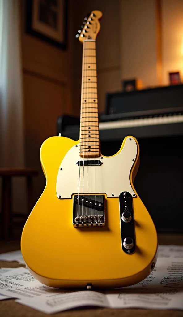 Make a phone wallpaper of a yellow Fender Telecaster, (masterpiece:1.3) (最high quality:1.2) (high quality:1.1)、