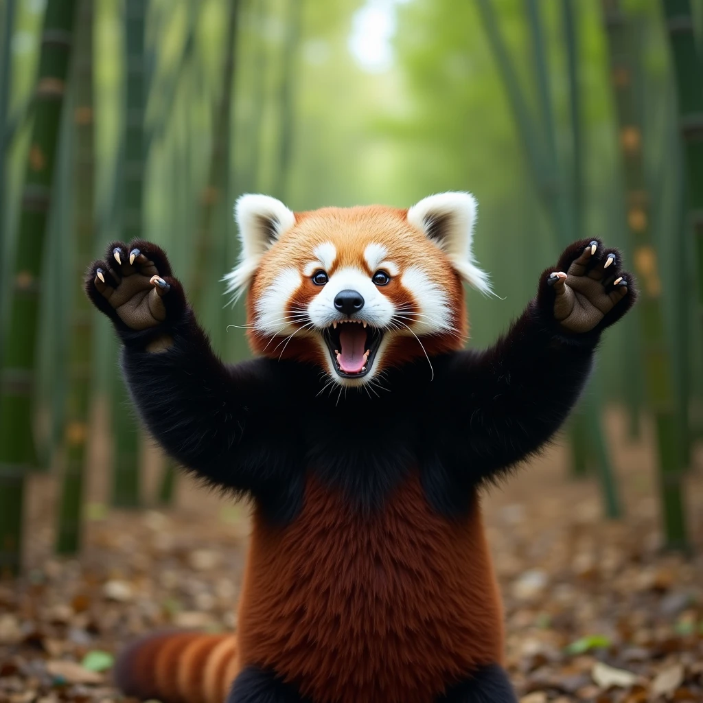 szechuan, Bamboo Forest, A lesser panda raises its hands in a threatening manner, wide shot, 