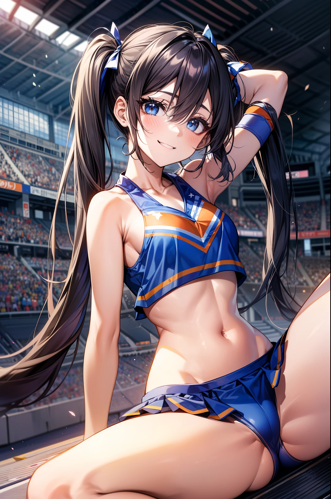 1 person, Japanese, , White skin, Mid-chest, , Take in the view, (Adorable smile:1.5),
Beautiful attention to detail, blue eyes, (Long Hair:1.4, bangs, Hair between the eyes, Twin tails:1.7), (belly on:1.1), Silver Hair,
Beautiful Hair, Beautiful clavicle, Beautiful underboobs, Beautiful thighs,
(Current cheerleader style:1.4), (Spread your legs, Kneel),
(Beautiful views), Daytime, (Stadium:1.5),
(8k, Highest quality, Masterpiece), Beautiful illustrations, Cowboy Shot, Cinema Lighting,
