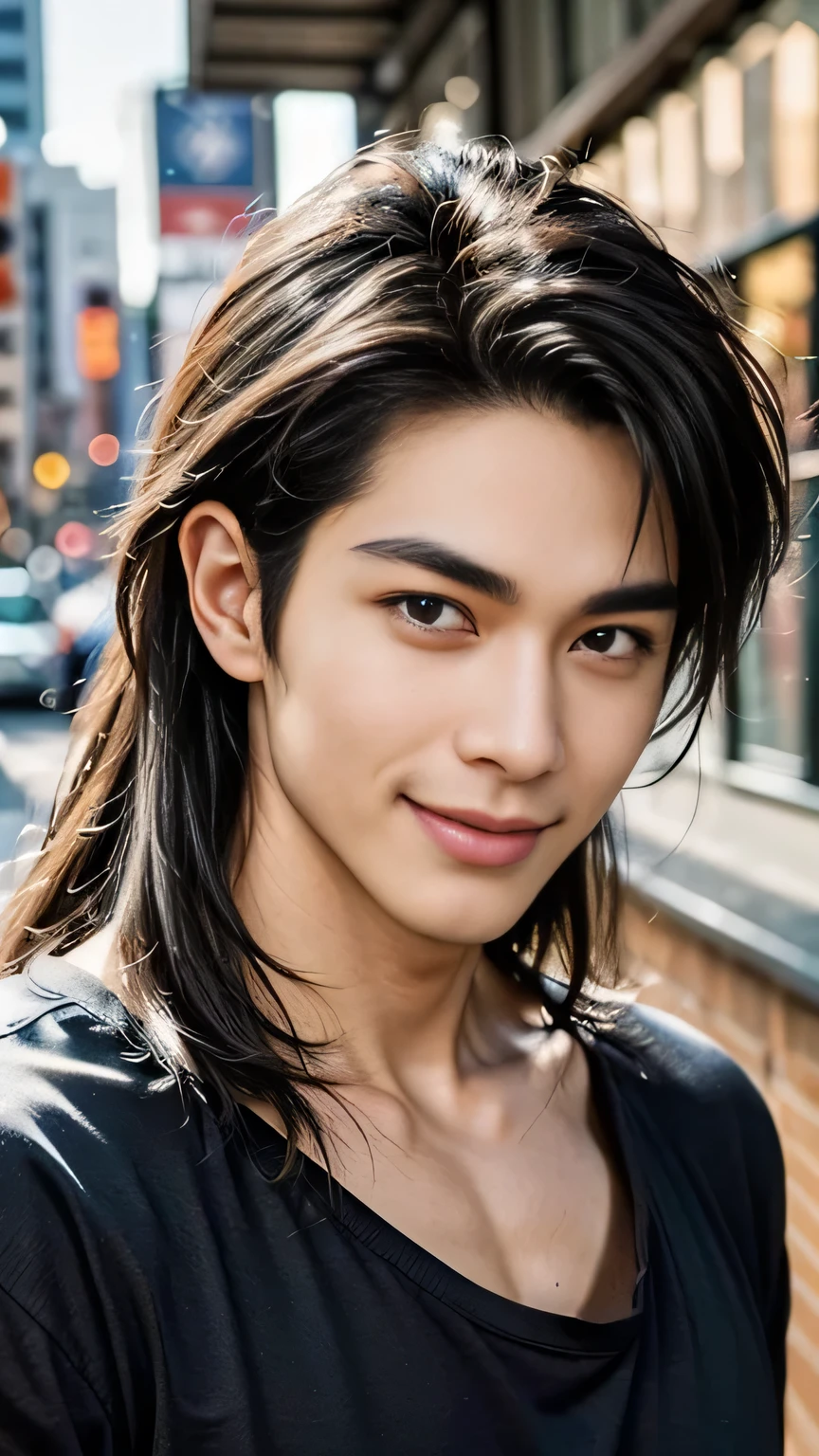 masterpiece, Highest quality, figure, Very detailed, In detail, High resolution, 8k wallpaper, Perfect dynamic composition, ((Beautiful Men))、Super handsome、36age、Beautiful attention to detail , Big eyes、Open the mouse, Sexy Face,A face of ecstasy,The face at the peak of sexual arousal, View your viewers, Childish and innocent expression、((smile))、((Australian/Japanese mix))、((super good looking guy ))、The skin is fine and smooth、No beard、((A beautiful face with a straight nose))、((Long hair like a rock star))、Thin but muscular、((Wearing a black T-shirt))、((Downtown Urban))