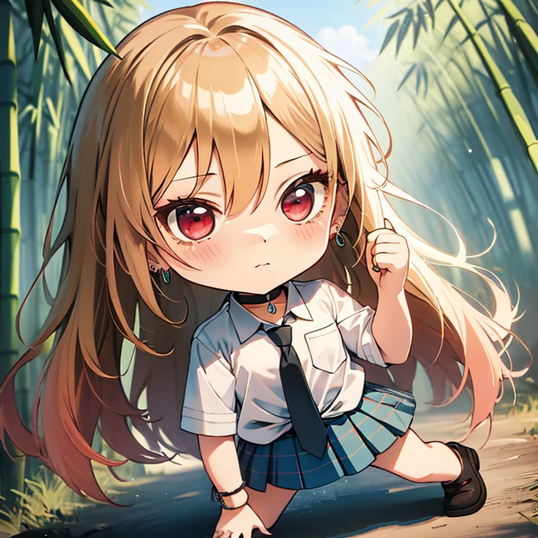 The background is a bamboo forest, (chibi:1.5), full body, (masterpiece), highest quality, Kitagawa Marine, 1girl, blonde hair, long hair, multicolored hair, red eyes, jewelry, earrings, piercing, , white shirt, tied shirt, black choker, blue necktie, plaid skirt
