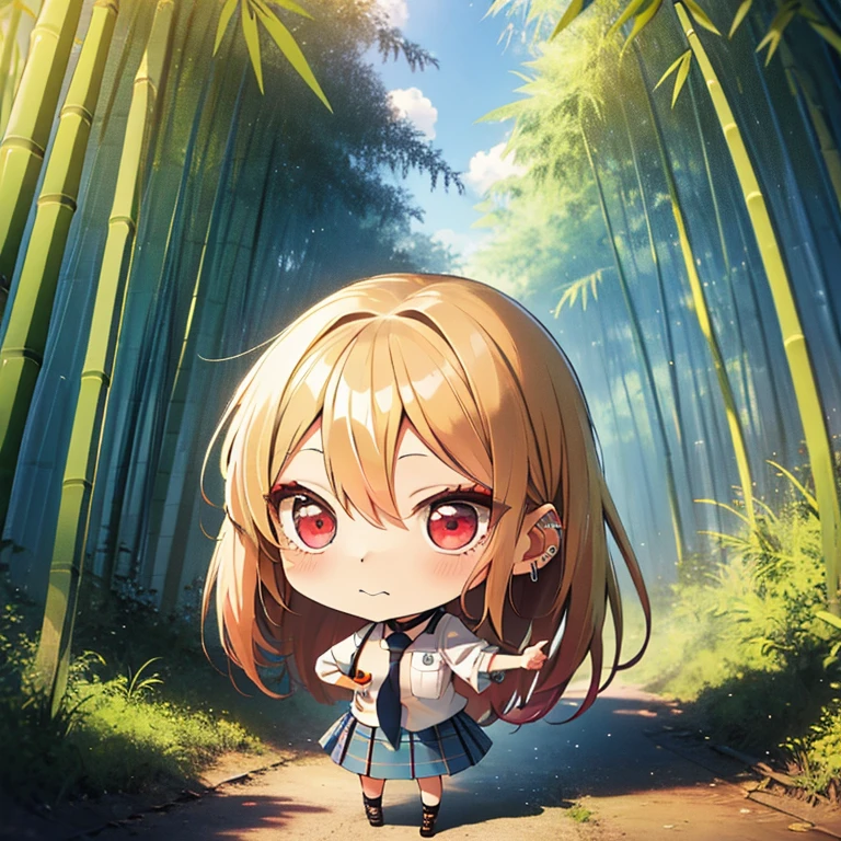  The background is a bamboo forest, (chibi:1.5), full body, (masterpiece), highest quality, Kitagawa Marine, 1girl, blonde hair, long hair, multicolored hair, red eyes, jewelry, earrings, piercing, , white shirt, tied shirt, black choker, blue necktie, plaid skirt