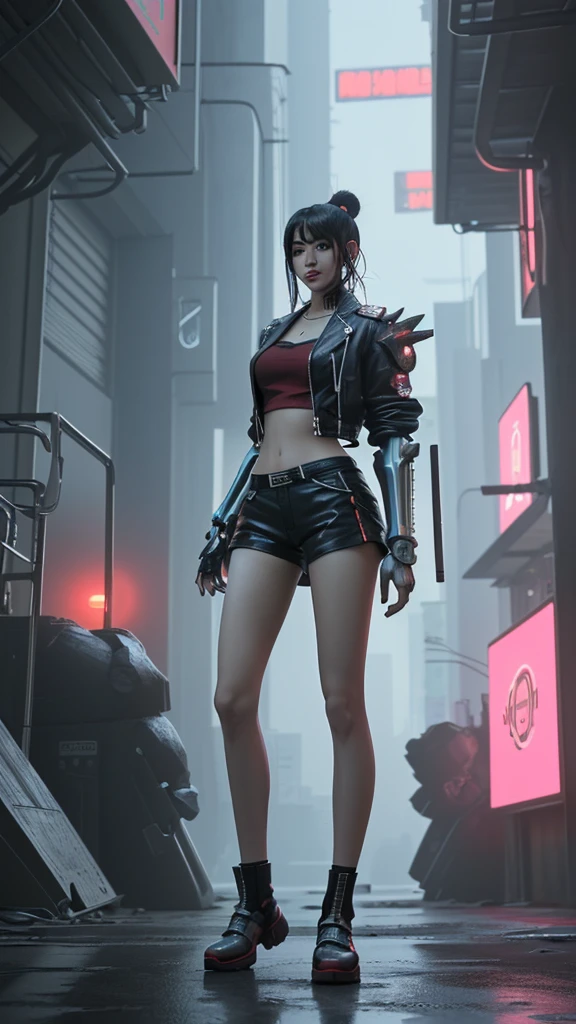 Anime character in shorts and jacket standing next to giant robot, artwork in the style of Gwaiz, Cyberpunk Anime Girl Mecha, Trending on cgstation, Gwaiz, By Russell Dongjun Lu, Digital Cyberpunk Anime Art, Lostrun 8k, Gwaiz on artstation pixiv, Girl wearing mecha cyber armor