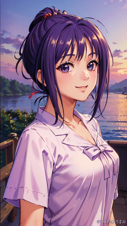 ((masterpiece, Highest quality, Highest quality, Official Art, beautifully、beautiful:1.2)),((masterpiece)),((Vibrant colors)),((Ayako Katagiri)),((幸せそうなsmile)),((smile)),((looks fun)),(one piece),(((Side bust))),(sunset)
