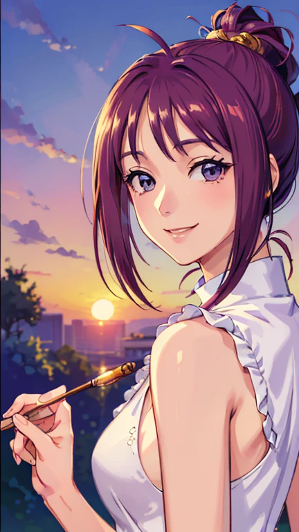 ((masterpiece, Highest quality, Highest quality, Official Art, beautifully、beautiful:1.2)),((masterpiece)),((Vibrant colors)),((Ayako Katagiri)),((幸せそうなsmile)),((smile)),((looks fun)),(one piece),(((Side bust))),(sunset)