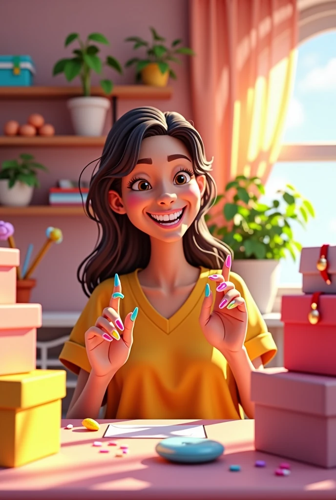 Create an image based on Pixar drawings: I want a woman who is a manicurist and loves shopping, that she has boxes of online shopping and is very happy because the purchases have arrived