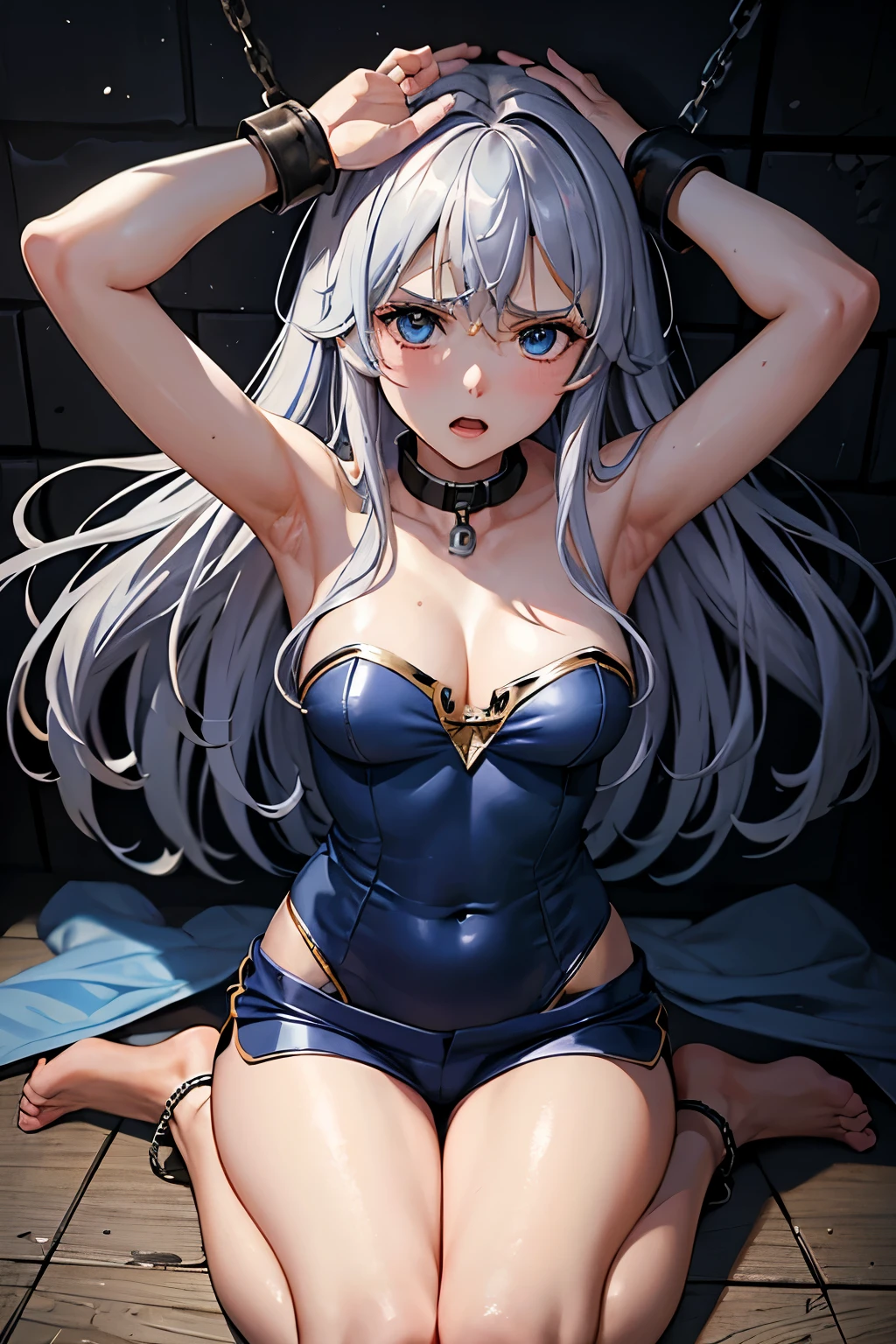 (((Highest quality、first class、masterpiece、Normal body、8k、Detailed face、Ultra-precision、normal hand、Normal refer to、5refer to、Highest)))、Eternal Frail、Silver Hair、Long Hair、kid、clear、pure、A blue suit that reveals a cleavage、Navy blue shorts、"SD Gundam G Generation"、Shot down、Defeated、Captured、Taken prisoner、Handcuffed、Detained、Chained by a collar、lock restraint、Jail、prison、Frightened、fear、blush、Interrogation、torture、Whipping、Crucifixion、Crucified hand and foot on a cross、Clothing is torn、Exposed Skin、Chains connected to hands and feet、Chains connected to the collar