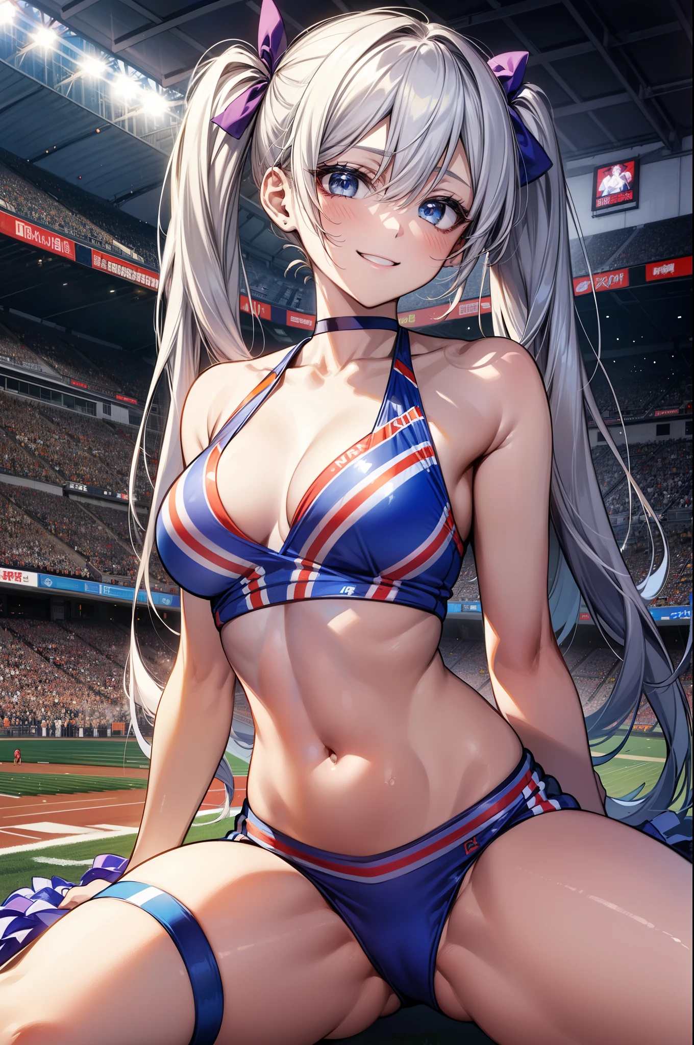 1 person, Japanese, , White skin, Mid-chest, , Take in the view, (Adorable smile:1.5),
Beautiful attention to detail, blue eyes, (Long Hair:1.4, bangs, Hair between the eyes, Twin tails:1.7), (belly button:1.1), Silver Hair,
Beautiful Hair, Beautiful clavicle, Beautiful underboobs, Beautiful thighs,
(Current cheerleader style:1.4), (Spread your legs, Kneel),
(Beautiful views), Daytime, (Stadium:1.5),
(8k, Highest quality, Masterpiece), Beautiful illustrations, Cowboy Shot, Cinema Lighting,