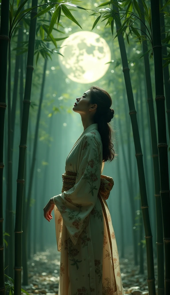Bamboo Forest,Moonlight, woman in kimono
