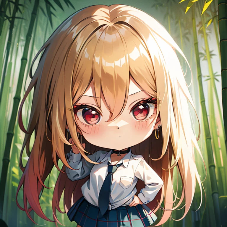 The background is a bamboo forest, (chibi:1.5), full body, (masterpiece), highest quality, Kitagawa Marine, 1girl, blonde hair, long hair, multicolored hair, red eyes, jewelry, earrings, piercing, , white shirt, tied shirt, black choker, blue necktie, plaid skirt