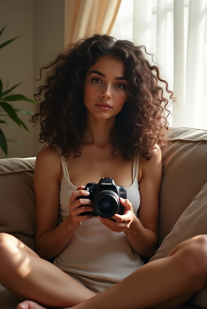 A brunette girl with curly hair and big breasts sits with her legs stretched out, taking a realistic photo