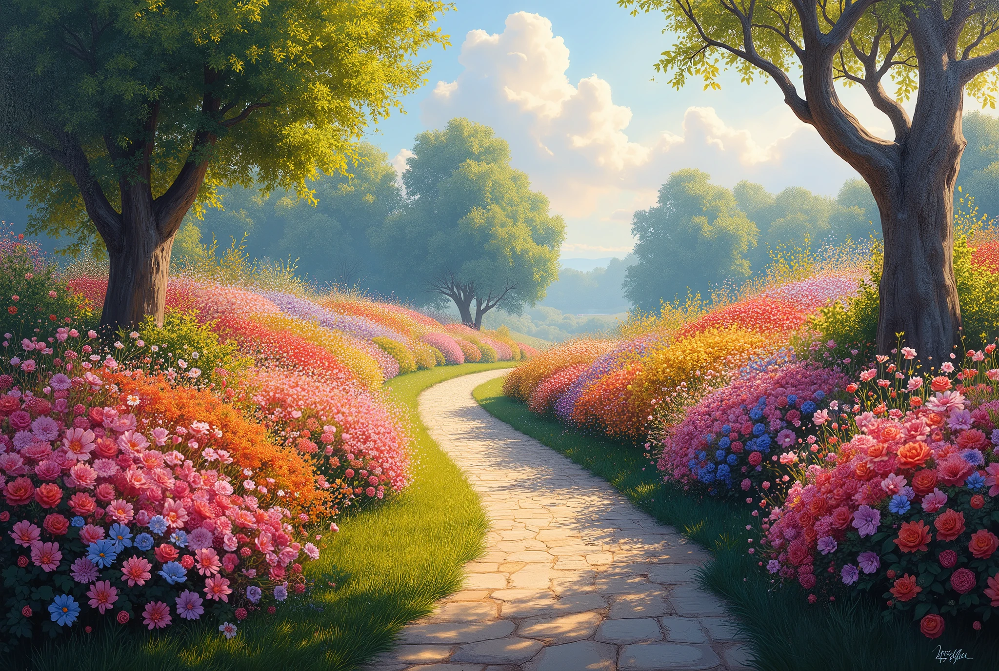 (best quality 16k, work of art:1.2), ultra detali, (realisitic:1.37) , oil painting, impressionist style, a beautiful flower garden with countless flowers, beautiful vegetation carefully worked, a road leading to a grove of trees on the horizon, Morning sun, sunlight reflections, artistic interpretation of paradise, beauty of nature captured on canvas.