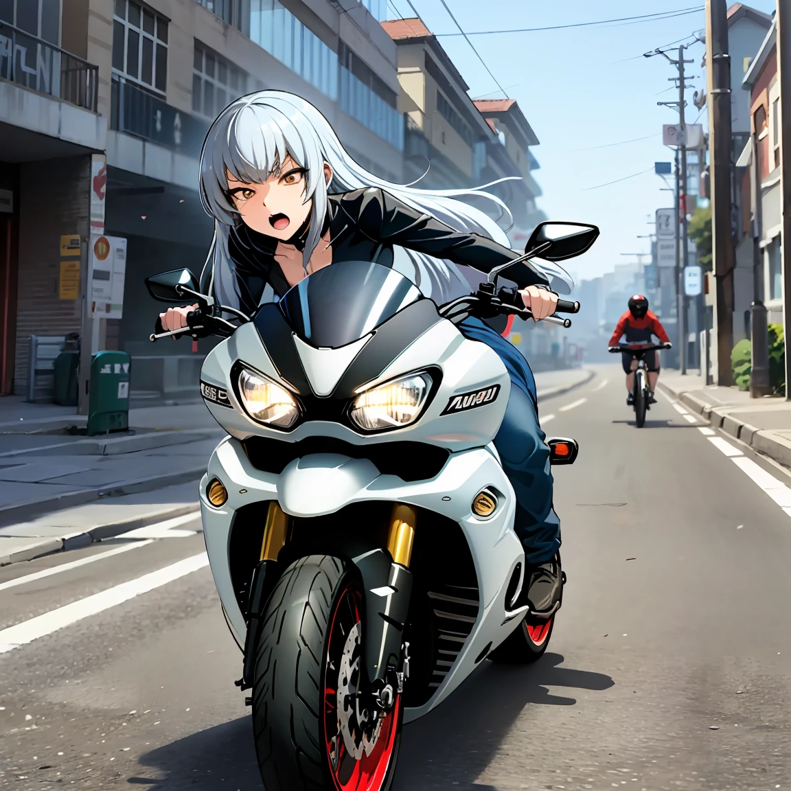 Mercury lamps are turning the corner with the bike, a fluorescent yellow Ducati,Monster 400,Gothic Costume,Without helmet, Long silver hair flying, Beautiful woman, Adorable expression, justice, Swift depiction
