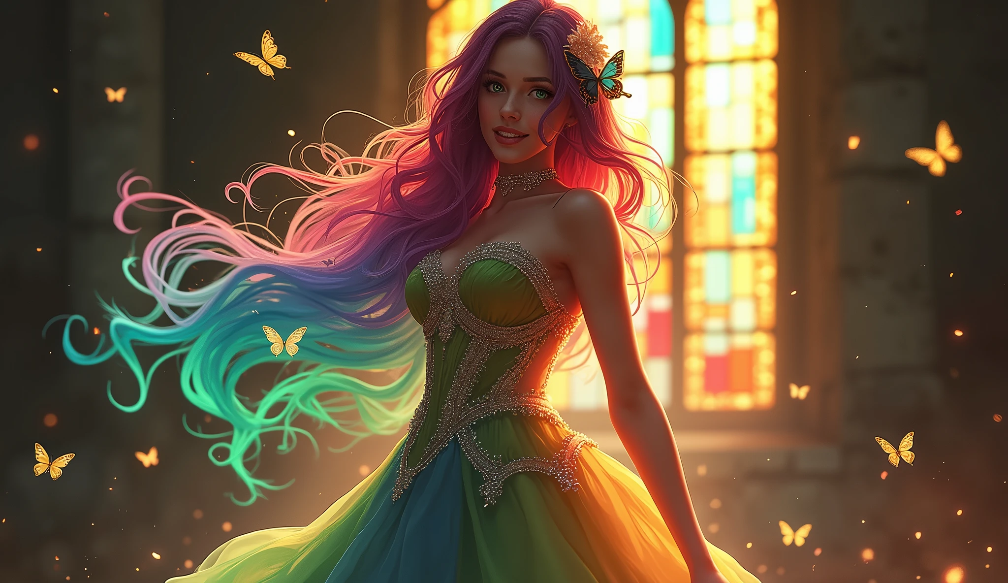 1girl, masterpiece, extremly detailed, ((Cinematic lighting)), (glowing), ((dramatic lighting)), ((beautiful detailed glow)), intricate detail, lens flare, multicolored hair, rainbow hair, long hair, multicolored dress, butterfly hair ornament, butterflies, (light particles), Arms behind back, large breasts, [curvy], cowboy shot, light smile, green eyes, church, stained glass, spotlight, dark background, floating hair, floating hair, looking at viewer,((colorful))
