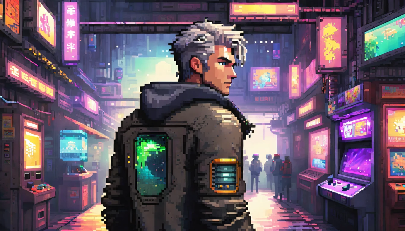 pixel art,
((masterpiece)),(((best quality))),((illustration)),(depth of field:1.2),
solo,dynamic angle,(1 mature male:1.3), homem na moto observado a paisagem futurista,bangs,headphones,blue eyes,grey hair,(disheveled hair),(jacket|hoodie),jeans,thigh strap,hands in pocket,cowboy shot,
Moody Lighting,(arcade games:1.1),(Game Center:1.5),(Game Hall:1.1),(backlight:1.3),intricate detail,cyberpunk,claw crane game machine,(crowd:1.1),
(Pixel particles exploding:1.2),