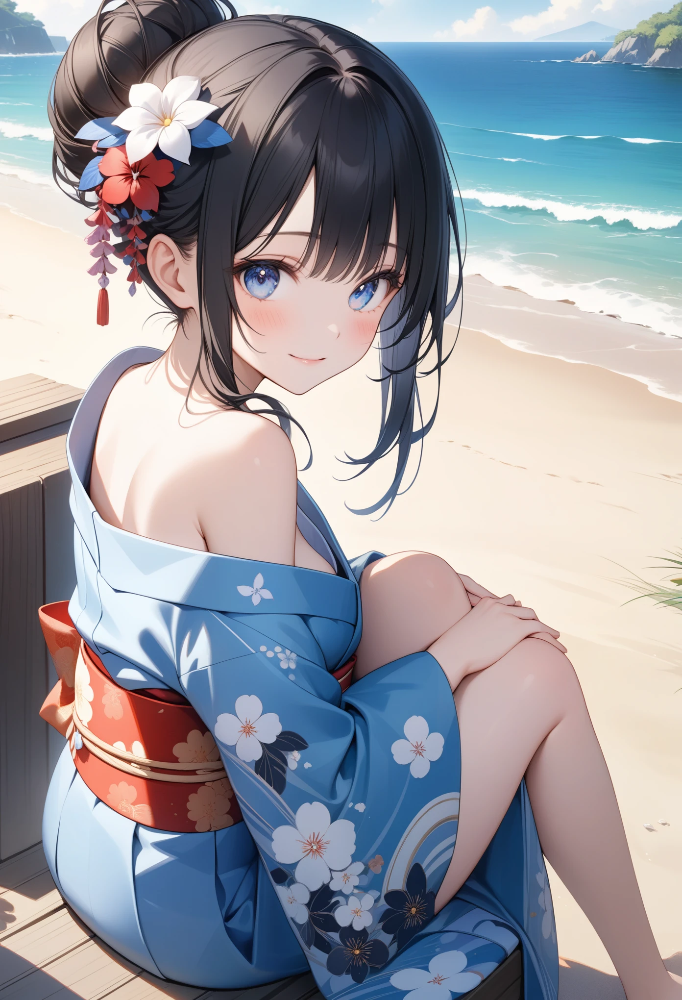 girl in japanese costume Sitting on ledge of small Beach, Hold hands on knees, One person, kimono, alone, hair ornaments, kimono, flower, hair flower, Black Hair, chest, Sitting, blue kimono, View your viewers, sash, blush, heart, Outdoor, Off the shoulder, Thighs, smile, Beach, Hair Bun, bangs, chestの谷間, clavicle, Exposing shoulders, small chest , (Highest quality, masterpiece, Very detailed, figure),(8k wallpaper),(beautiful Detailed eyes), beautiful, wonderful, Detailed eyes, (Detailed skin