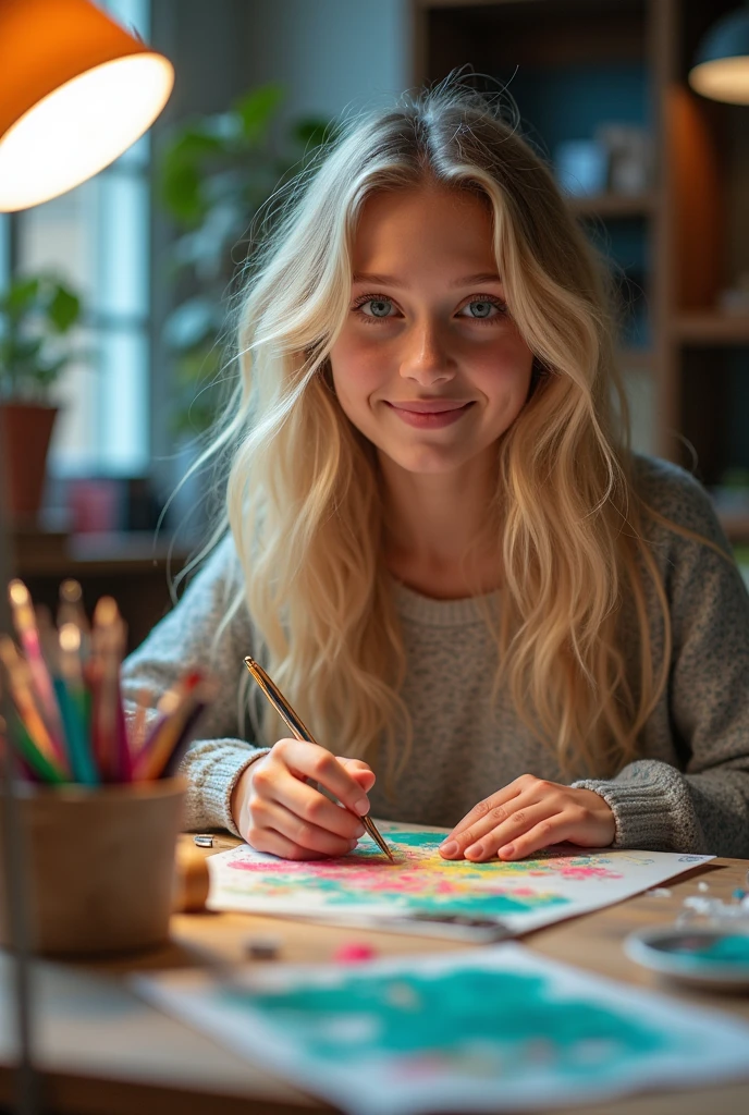 [full body shot] professional, (((huge tits))) ((cheerful woman with paint splatters on her apron, working on a canvas in a bright studio)) (4k image:1.1), (Sharp Focus:1.3), Very detailed, wear (tight shirt:1.2), beautiful detailed face, sparkling eyes, long light hair, (attractive young woman:1.3), (seductive:1.1), (blushing:1.1), pear body shape, perfect hands, natural breasts, wide hips. --Sexy body --Prominent bare breasts --Detailing, full body, a lot of femininity, tempting, Dazzling, sensual pose, muse, --Unreal движок 5. 