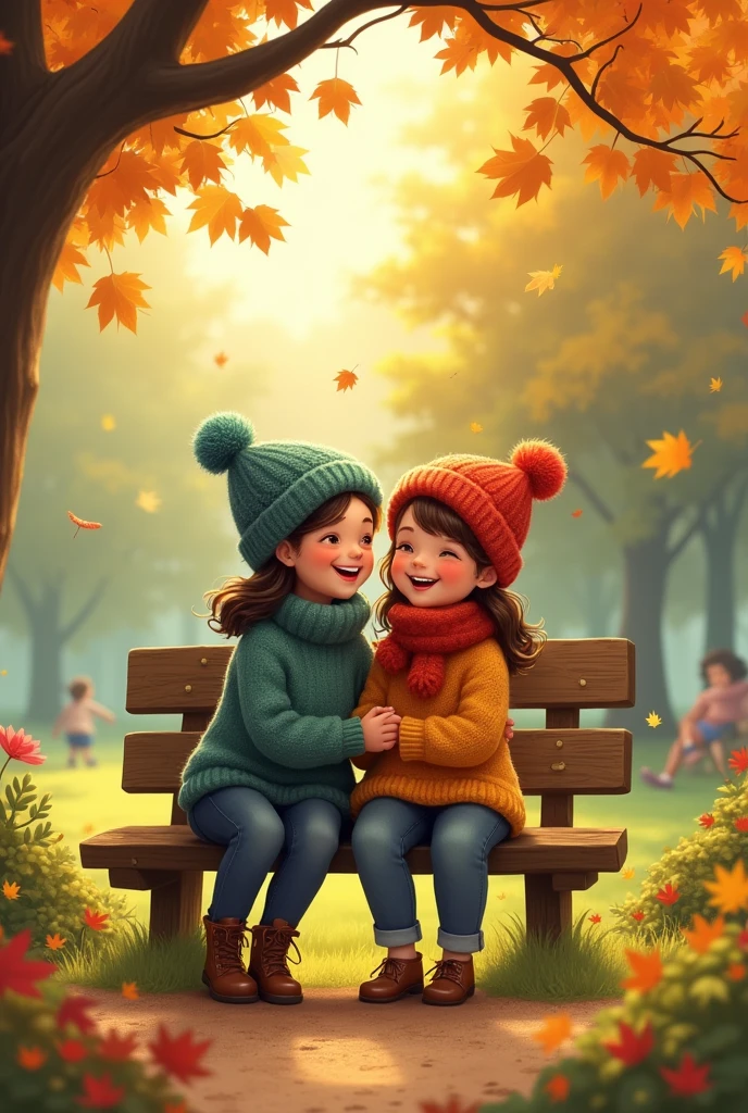 animation, Mother and daughter sitting on a bench in a park wearing sweaters and hats