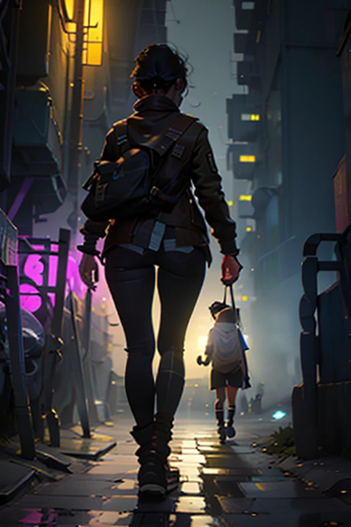 A young woman is walking on the sidewalk at night.