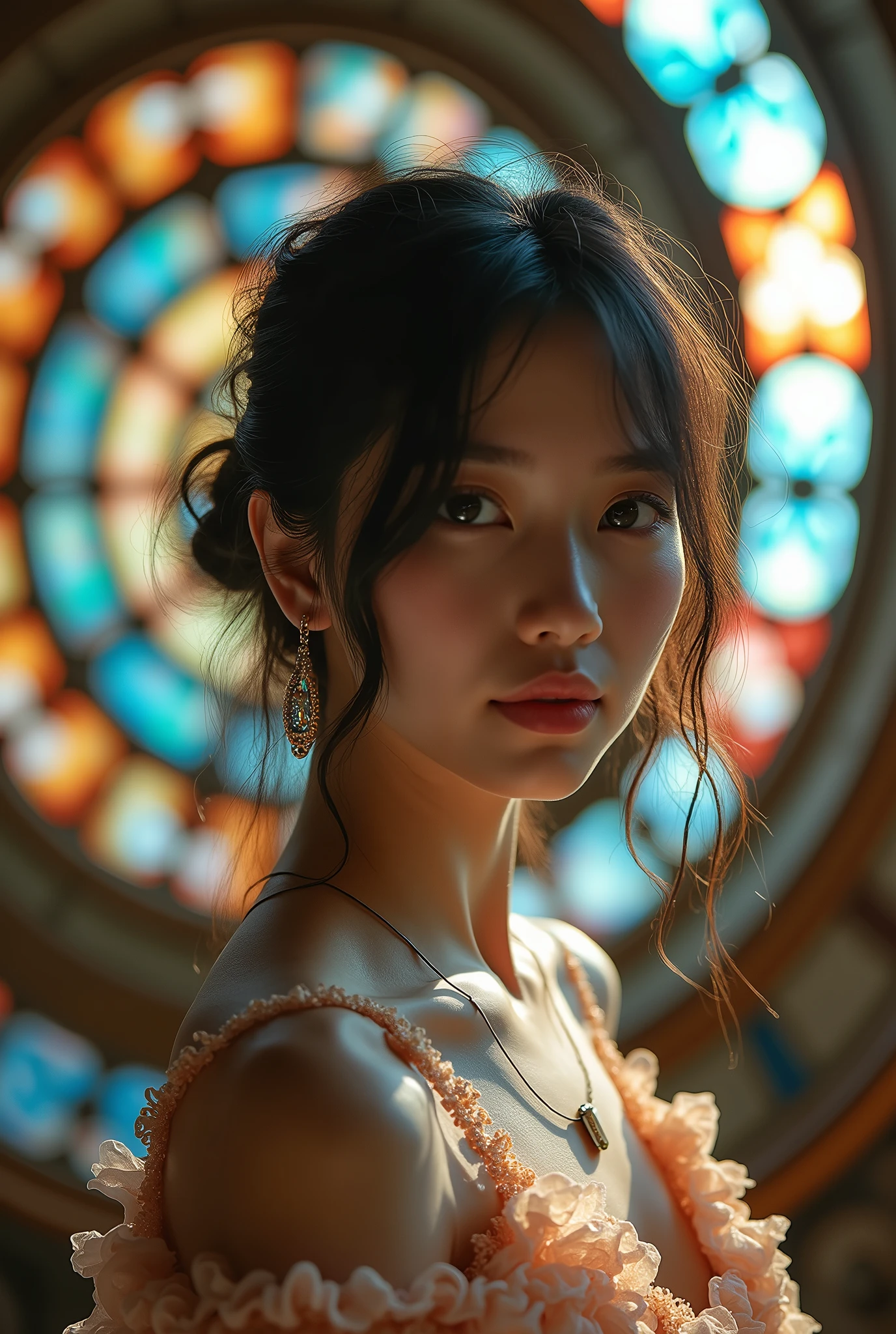Masterpiece 32K RAW photo with best quality, ultra-detailed and insanely intricate. A dynamic angle captures a mysterious scene with spiral theme, featuring an 18-year-old beautiful Japanese girl with fair skin, kawaii features. She has brown, big eyes, casual wavy medium hair, detailed skin, and wears a detailed dress with intricate fabric, a necklace, and earrings. She is standing near a spiral staircase surrounded by walls made of stained glass.
