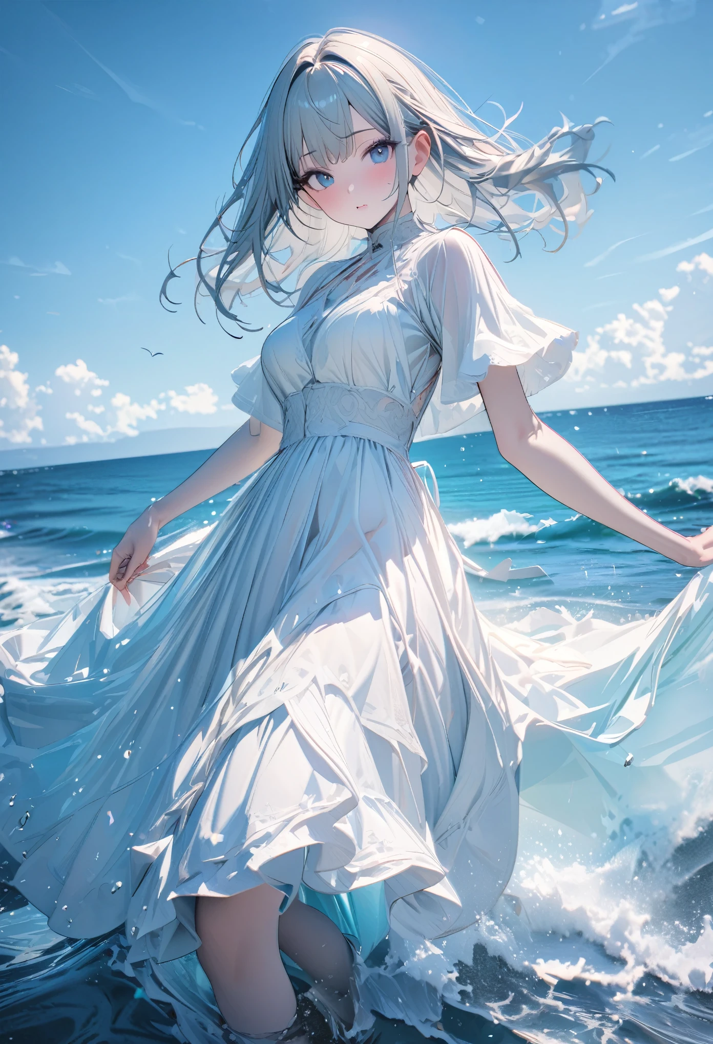 Very detailed, masterpiece, 8k, Angelic, 1 girl, focus on, dress, Wave, blue Ocean, Clear Color, bright, Ocean, transparent
