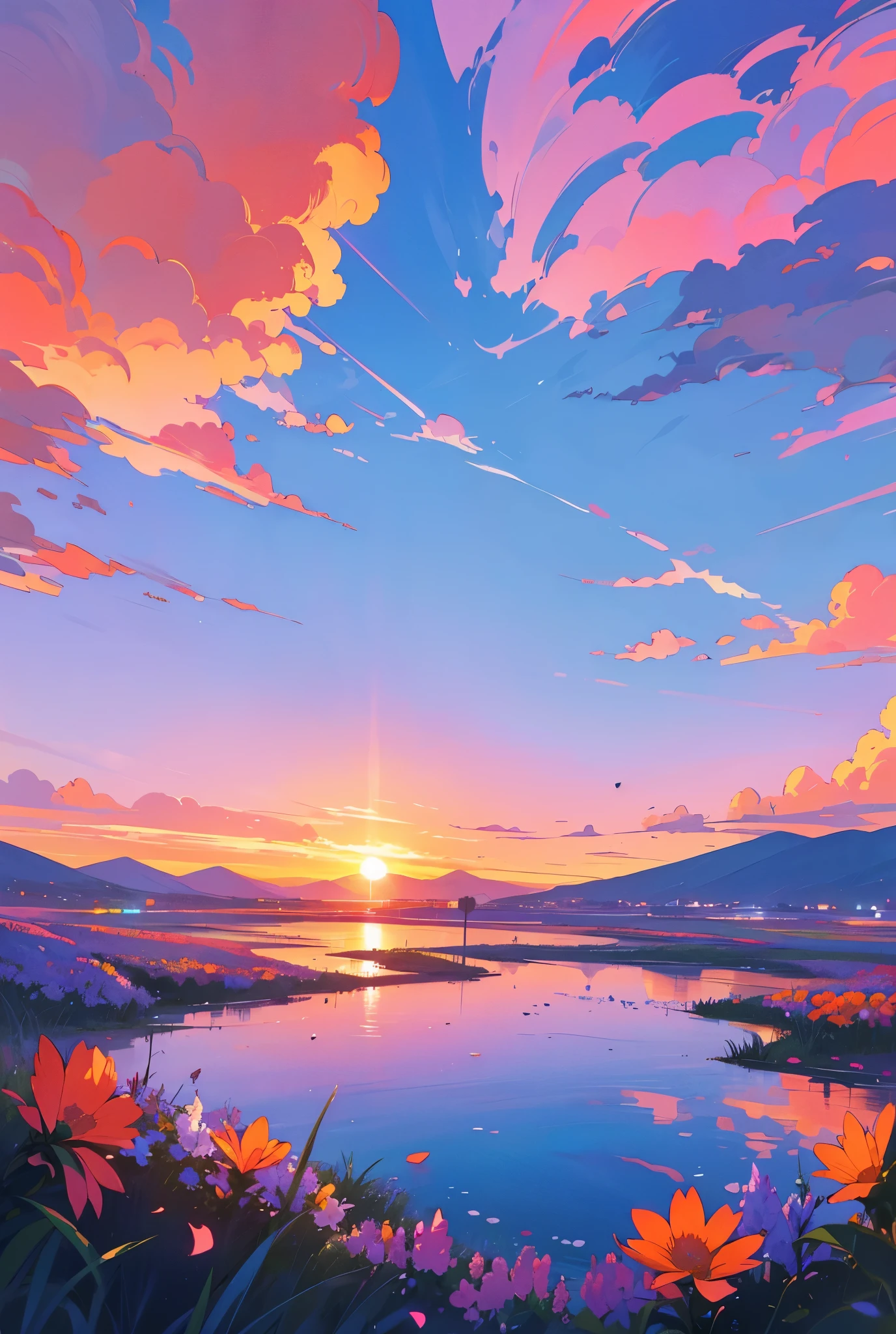 Have a beautiful sunset, The hills are covered with flowers and plants., The flowers are approaching, Colorful sky, Surreal colors, Colorful sunset, Colorful sky, Beautiful sky reflection, Beautiful sky, Fantastic atmosphere 8K, Multicolored clouds, Colored reflections on the lake, Unreal sky, Red and blue reflections, Fire Reflection, Beautiful sky, Beautiful and spectacular sunset, Beautiful dream landscape, Beautiful sky