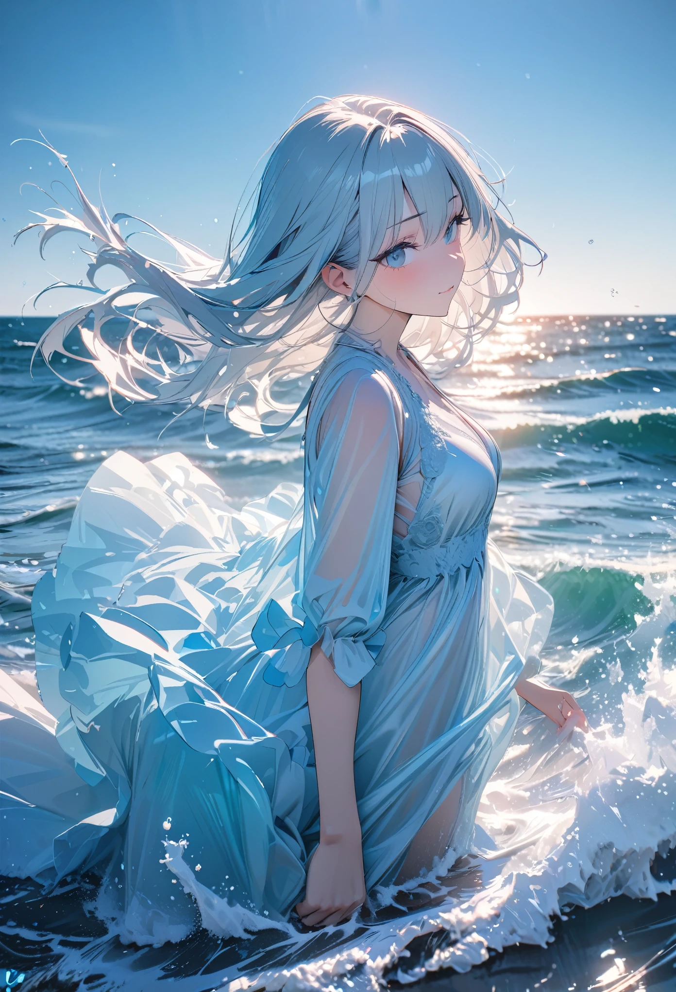 Very detailed, masterpiece, 8k, Angelic, 1 girl, focus on, dress, Wave, blue Ocean, Clear Color, bright, Ocean, transparent