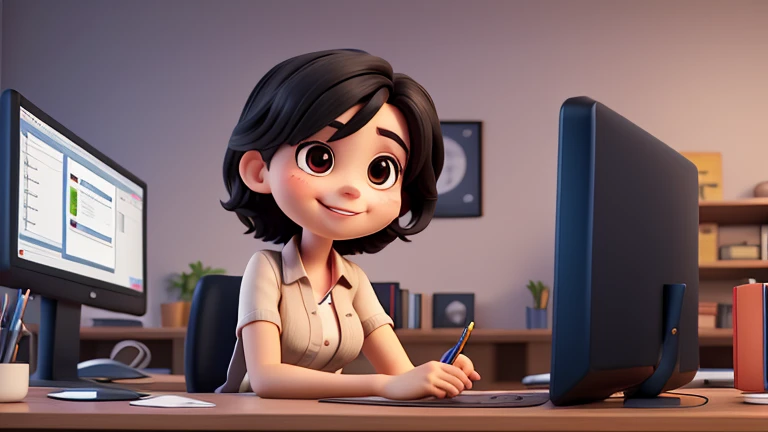 A woman with very short black hair, large, rounded brown eyes, looking at the computer screen, with an expression of happiness and accomplishment in one hand holds a pen, graphics around her GRAPHICS