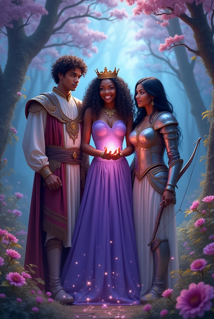 3 friends in an enchanted forest
1 17 year old man, brunette with curly hair, dressed like a prince wearing a prince's crown, no beard
1 black woman with long curly brown hair and bangs, she has magical powers in her hands and wears a purple dress with stars, she doesn't wear a crown on her head
1 woman in white, with long black hair, and she is dressed as a warrior using a bow and arrow