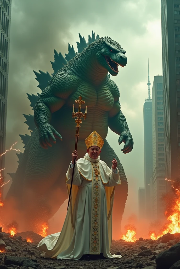 Godzilla fighting giant pope
