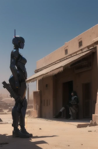 humanoid, android parts, female features, middle east features, dark skin, large gun, real color photograph, futuristic elements, old building, plenty of solar light, close