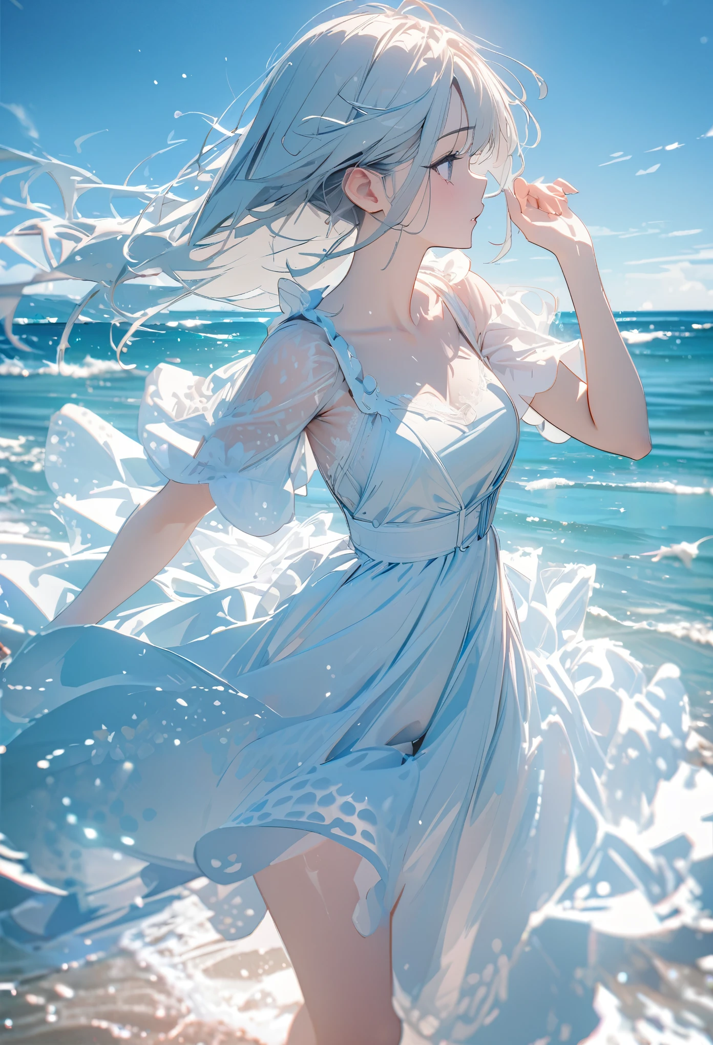 Very detailed, masterpiece, 8k, Angelic, 1 girl, focus on, dress, Wave, blue Ocean, Clear Color, bright, Ocean, transparent