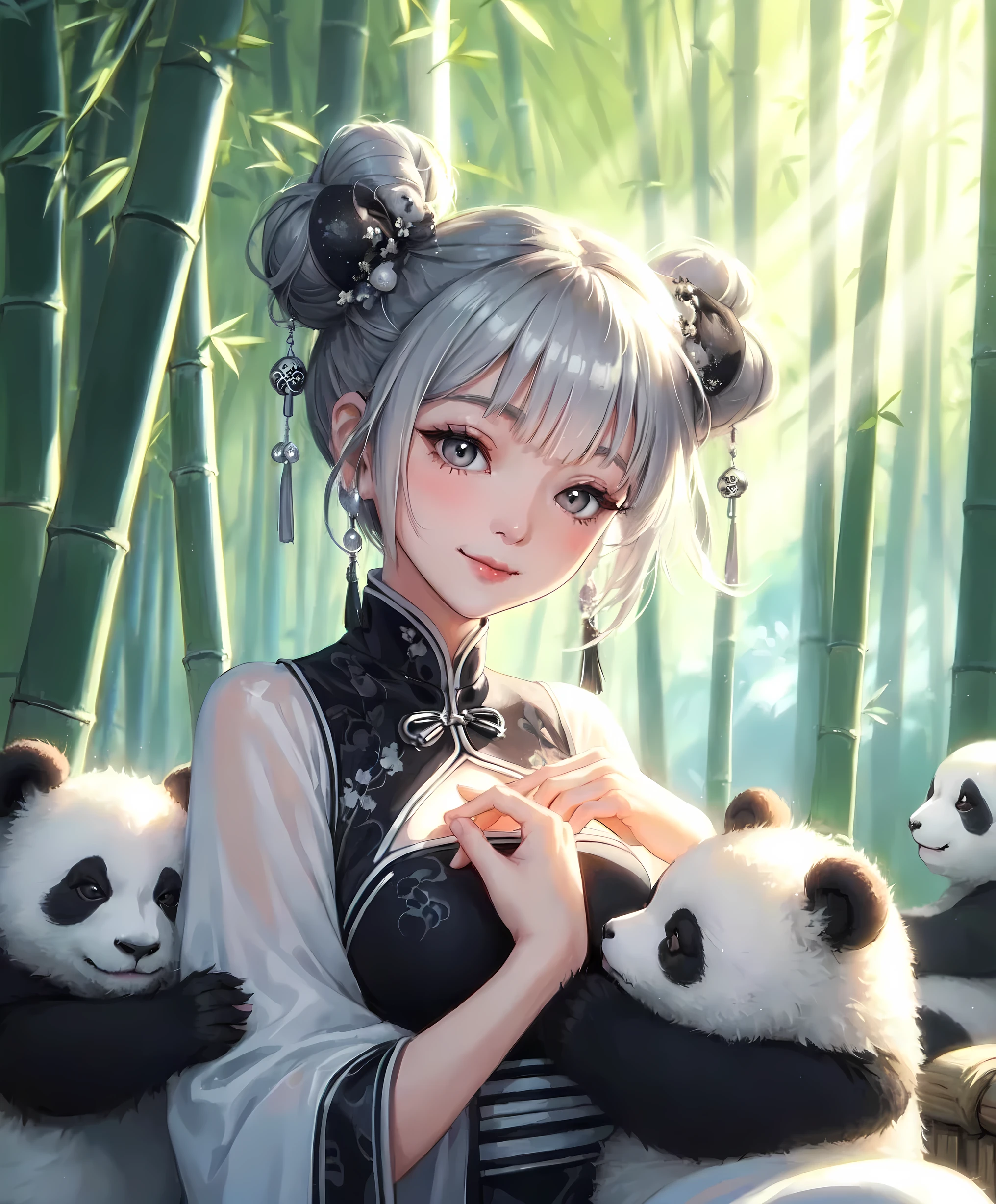 1lady solo, (playing with pandas), (elegant cheongsam) (white and black theme), (mature female:0.8), /(silver white short hair/) bangs, ((twin buns) covered with black caps), kind smile, (masterpiece best quality:1.2) delicate illustration ultra-detailed, large breasts BREAK (frolicking small pandas), (realistic pandas) BREAK (bamboo forest) outdoors, dimly lit, tall bamboo stalks, soft lighting, detailed background