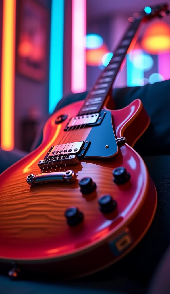Make a Gibson Les Paul phone wallpaper, Neon Light、(masterpiece:1.3) (最high quality:1.2) (high quality:1.1)、Cinematic Light,(Film Gain:1.4)|(VHS Video:1.2)(old analog film photography:1.4) Vintage Film (1.8), Analog camera (1.5), Film Grain (1.4), Light leakage (1.2), Soft Focus (1.3), Warm tones (0.2), Retro aesthetic (1.7), Lomography (1.3), Nostalgic atmosphere (1.8), Polaroid style (1.5), Faded colors (1.9), Dreamy look (1.3), Overexposure (1.1), Vignette Effect (1.8), Blurred Edges (1.4),　