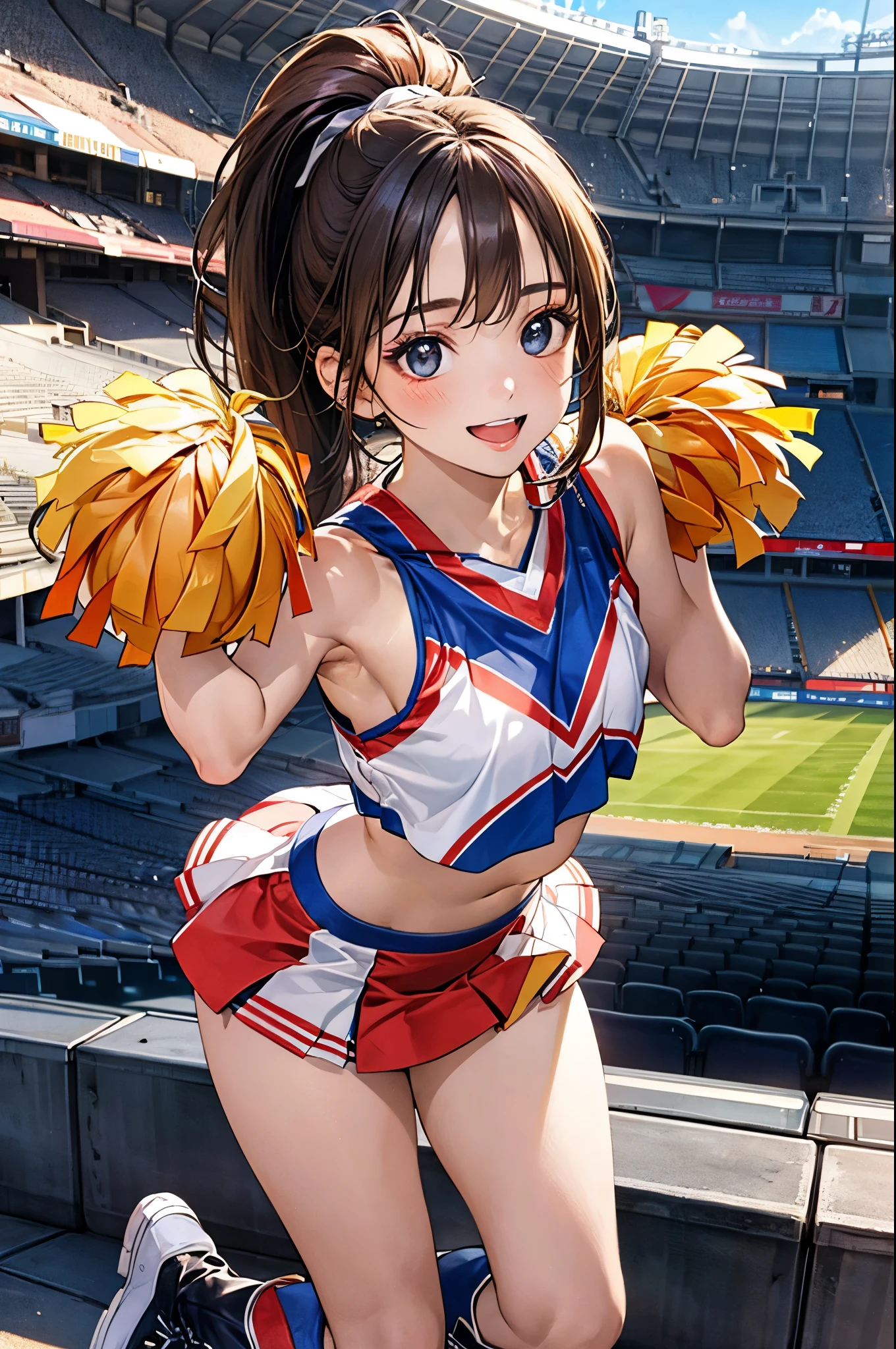 (masterpiece:1.2, Highest quality), (Realistic, photoRealistic:1.4), Beautiful illustrations, (Natural Side Lighting, Cinema Lighting), Depth of written boundary, Backlight, 
View your viewers, 1 person, Japanese, high school girl, , Perfect Face, Cute and symmetrical face, Glowing Skin, 
(Mid-length hair, High Ponytail, Light brown hair), Asymmetrical bangs, blue eyes, Long eyelashes, (Medium chest), Cute round face, Beautiful Makeup, 
Beautiful Hair, Beautiful Face, Beautiful attention to detail, Beautiful clavicle, Beautiful body, Beautiful breasts, Beautiful thighs, Beautiful feet, Beautiful fingers, 
((Sleeveless cheerleader:1.2), boots), 
(Beautiful views), evening, (Stadium Background:1.2), very cute, Raise your arms, Underarm, (Cute smile, Open your mouth), 
