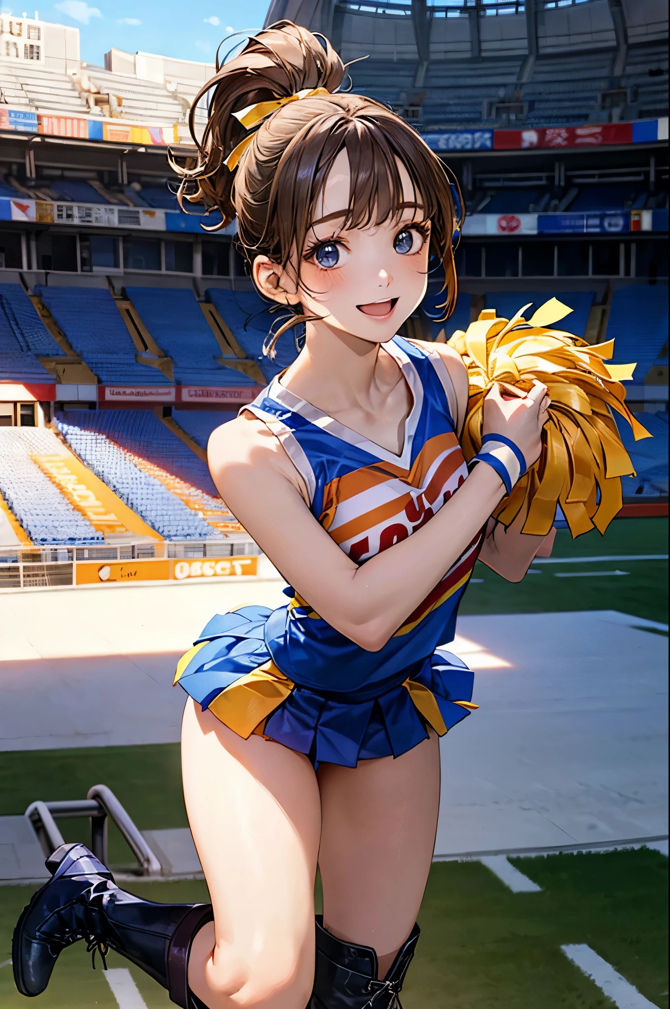 ((View from behind,Back view)),((NSFW)),irohaisshiki, Iroha Isshiki, short hair, brown hair, (Brown eyes:1.5), smile,happy smile, smile, Open your mouth,(cheer leading), (whole body), Big Breasts, Lower, (Sweaty), Sweaty Wet Clothes, (Yellow clothes),Yellow pleated skirt,sneakers , Belly button support, playground, (Jump), (Jump), (足を曲げてJumpする), air, blue sky, Grass原, smile
チアリーダー, Pom-pom \(cheer leading\), Grass, smile, 
break outdoors,Stadium,
break looking at viewer,(Cowboy Shot:1.5),
break (masterpiece:1.2), highest quality, High resolution, unity 8k wallpaper, (shape:0.8), (Fine and beautiful eyes:1.6), Highly detailed face, Perfect lighting, Highly detailed CG, (Perfect hands, Perfect Anatomy),White panties,(View from below),