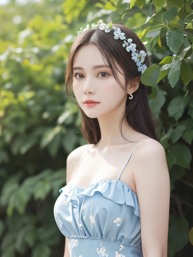 She's wearing a refreshing sky blue floral summer dress, Ultra-high resolution, Perfect description, A summer dress with bare shoulders that shows off her beautiful white skin, Realistic, 8K Photorealistic:1.5, Soft lighting, detailed, Real Full HD, 16k raw photos:1.5,