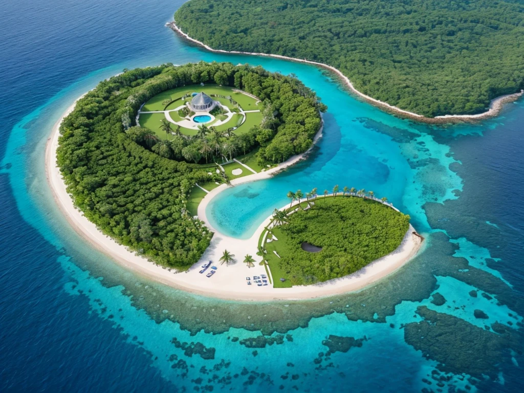 Round island, one island, in the shape of the letter "o", There is water around {1}, Innovation, buildings of the future, Built, high quality, future, bright colors, green, the forest, blue water, view from above, aerial view