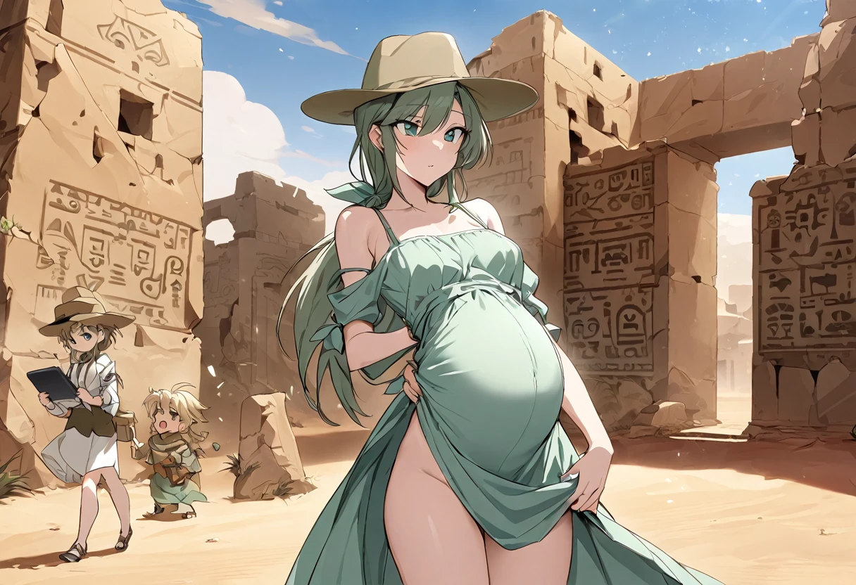 (sag)Cate Blanchett, age 25, age 25, British Expedition hat, Sheer white top tied above belly, Sheer green dress, no underwear, holding a tablet, desert ruins with hieroglyphs,