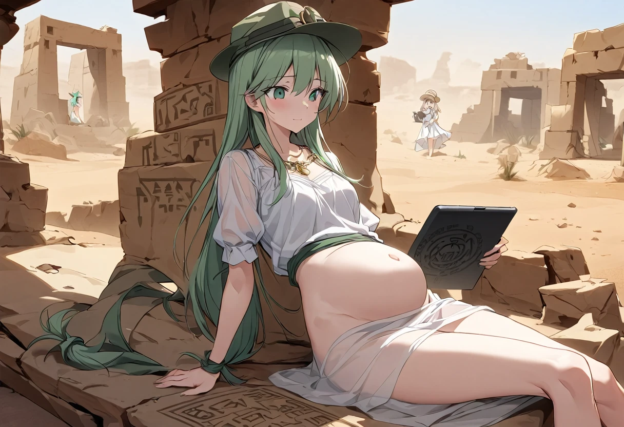 (sag)Cate Blanchett, age 25, age 25, British Expedition hat, Sheer white top tied above belly, Sheer green dress, no underwear, holding a tablet, desert ruins with hieroglyphs,